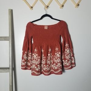 FLYING TOMATO FLOWY BLOUSE WITH FLARED SLEEVES REDDISH ORANGE WITH CREAM SIZE S